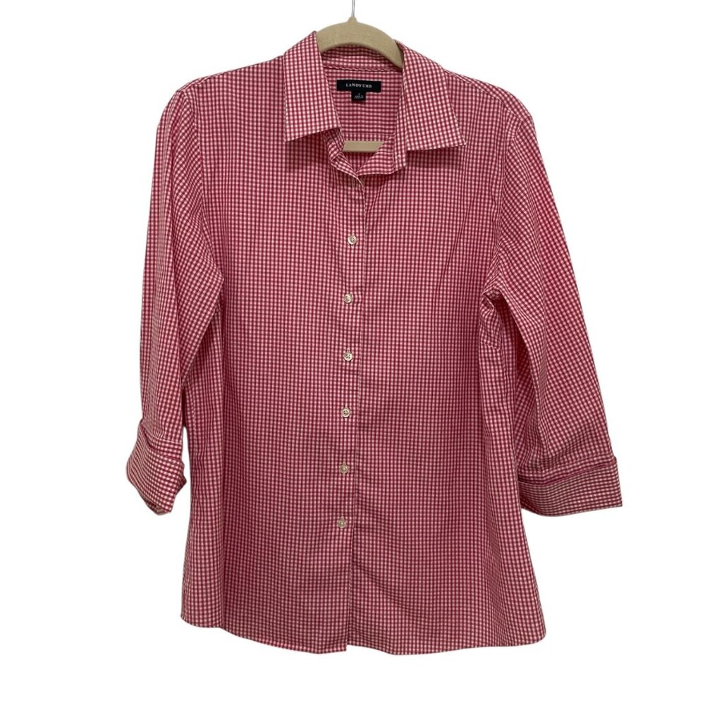 Lands‎ End Button Down Collared Shirt Womens 12 Cotton Blend Gingham Classic Fit